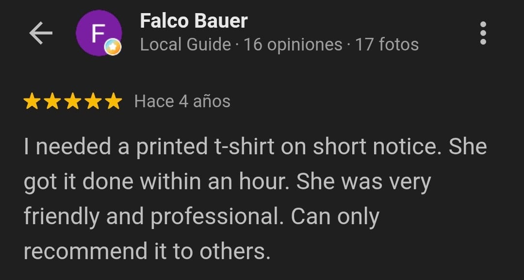 Google review from Falco Bauer (Local Guide) praising quick t-shirt printing and professionalism
