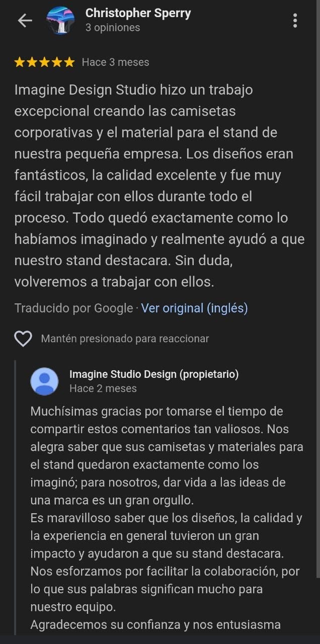 Google review from Christopher Sperry praising corporate shirts and stand materials