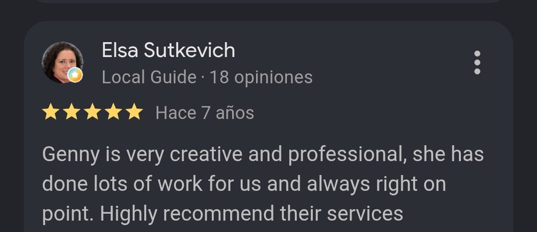 Google review from Elsa Sutkevich (Local Guide) praising Genny as creative and professional