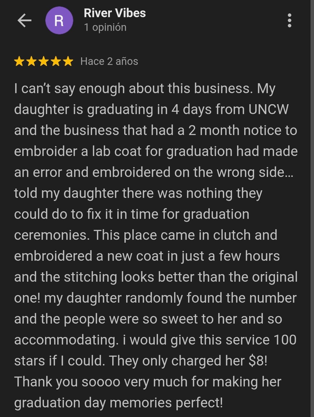 Google review from River Vibes praising quick graduation lab coat embroidery fix